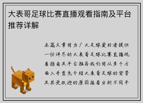 大表哥足球比赛直播观看指南及平台推荐详解
